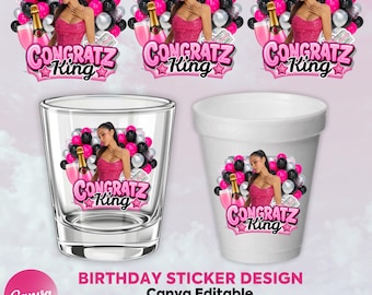 Pink Birthday Sticker, Styrofoam Cup Sticker, Shot Glass, All Zodiac Signs, T-Shirt Design, Canva Template, Instant Download