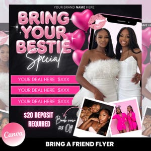 Bring A Friend Booking Flyer, Bring A Friend Special, Bring A Friend Deal, Bestie Deal Flyer, Hair Braids Lashes Wigs Nails Makeup Promotion