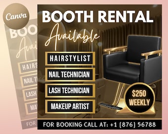 May include: A black and gold salon chair with a gold base and armrests. The chair is in front of a sign that says "Booth Rental Available" and lists services like hairstylist, nail technician, lash technician, and makeup artist. The sign also includes the text "$250 Weekly" and "For Booking Call At: +1 [876] 56788".