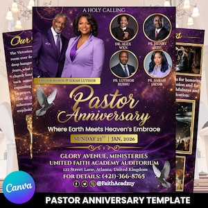 Könnte beinhalten: Eine lila-goldene Pastor-Jahrestag-Vorlage mit Bildern von Pastoren und dem Text "Pastor Anniversary" und "Where Earth Meets Heaven's Embrace". Die Vorlage enthält Datum, Ort und Kontaktinformationen.