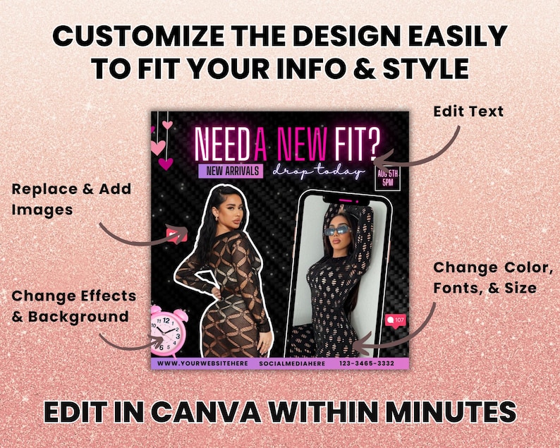 May include: A pink and black graphic design template for a social media post. The text reads "Need a new fit?" with the words "New Arrivals" and "Drip Today" in smaller font. The template includes a photo of a woman wearing a black dress with a geometric pattern. The template is customizable and can be edited in Canva.