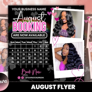 May include: A black and white flyer with pink hearts and shamrocks. The flyer advertises August booking availability for a business. The text on the flyer reads "August Booking Are Now Available" and includes a calendar with the month of August. The flyer also includes the text "Book Now" and a social media handle.