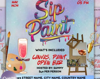 Sip And Paint Flyer, Paint Party Flyer, DIY Flyer Template Design, Premade Business Event Flyer, Sip and Shop Flyer, Canva Template,Editable