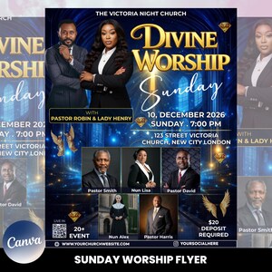 Puede incluir: Un folleto promocional para un evento de adoraci&oacute;n dominical. El dise&ntilde;o presenta im&aacute;genes de pastores y l&iacute;deres de la iglesia, con el texto "Divine Worship Sunday" en letras doradas. El evento est&aacute; programado para el 10 de diciembre de 2026.
