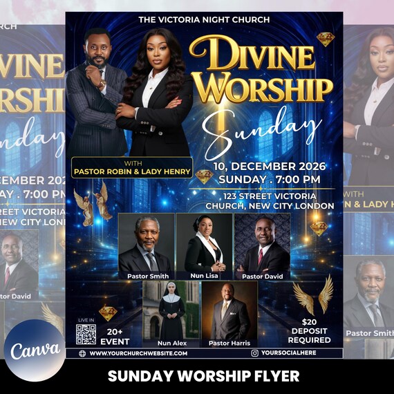 Editable Church Worship Flyer Template for Sunday Service, Gospel Events, Praise & Revival - Modern Canva Design