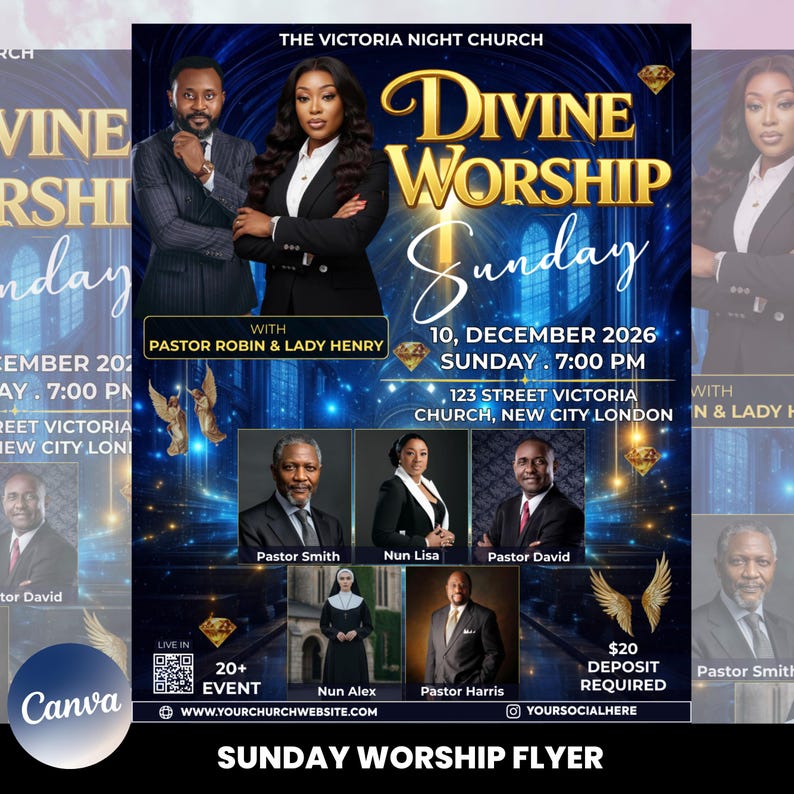 Puede incluir: Un folleto promocional para un evento de adoraci&oacute;n dominical. El dise&ntilde;o presenta im&aacute;genes de pastores y l&iacute;deres de la iglesia, con el texto "Divine Worship Sunday" en letras doradas. El evento est&aacute; programado para el 10 de diciembre de 2026.