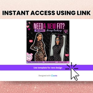 May include: A pink and black graphic with the text "NEED A NEW FIT?" and a clock. The graphic also features two women wearing black dresses. The text "NEW ARRIVALS drop today" is also included.