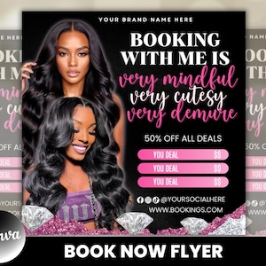 Può includere: Un volantino nero e rosa con una foto di due donne con lunghi capelli neri. Il volantino pubblicizza la prenotazione di appuntamenti con il testo "Booking with me is very mindful very cutesy very demure". Il volantino include anche il testo "50% off all deals" e "Book Now Flyer".