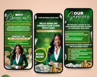 Puede incluir: Una plantilla de pantalla de teléfono animada en verde y dorado para un negocio de preparación de impuestos. La plantilla presenta a una mujer sosteniendo una pila de monedas de oro y el texto "Relájate mientras nosotros nos encargamos de tus impuestos con cuidado!" y "¡Reserva ahora!"