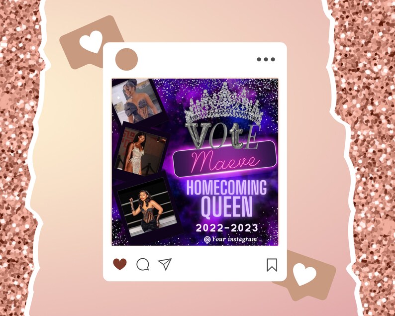 May include: Instagram post with a purple and black background featuring a crown and the text "Vote Maeve Homecoming Queen 2022-2023 @Your Instagram". There are three photos of a woman in different outfits.