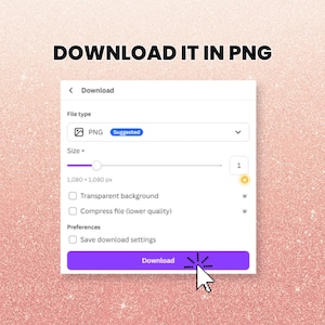 K&ouml;nnte beinhalten: Screenshot einer Download-Oberfl&auml;che mit dem Text "DOWNLOAD IT IN PNG". Die Oberfl&auml;che zeigt Dateitypoptionen, Gr&ouml;&szlig;eneinstellungen und eine violette Schaltfl&auml;che "Download". Der Hintergrund ist ein glitzerndes Rosa.
