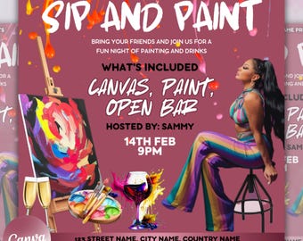 Sip And Paint Flyer, Paint Party Flyer, DIY Flyer Template Design, Premade Business Event Flyer, Sip and Shop Flyer, Canva Template,Editable