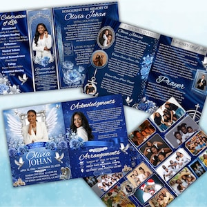 Peut inclure: Ensemble de cartes de service comm&eacute;moratives avec un design floral bleu et blanc. Les cartes pr&eacute;sentent des photos, du texte et le nom "Olivia Johan". Les cartes incluent des d&eacute;tails sur le service, tels que la date, l'heure et le lieu.