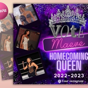 May include: Purple and silver graphic with a crown and the text "Vote Maeve Homecoming Queen 2022-2023 @Your instagram". There are four photos of a person in different outfits.