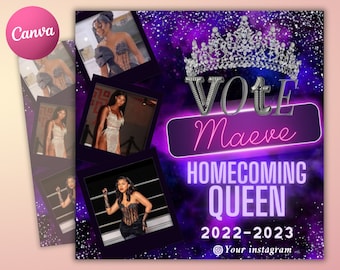 May include: Purple and silver graphic with a crown and the text "Vote Maeve Homecoming Queen 2022-2023 @Your instagram". There are four photos of a person in different outfits.