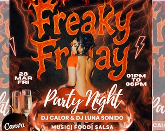 Volantino per la festa del Freaky Friday, volantino modificabile per la festa del venerdì, festa in discoteca con DJ, volantino per feste per adulti, modello Canva per social media, download immediato