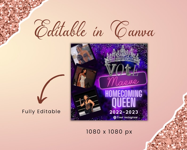May include: A purple and black digital graphic with a crown, stars, and the text "Vote Maeve Homecoming Queen 2022-2023" with a social media icon and the text "Your Instagram".