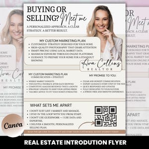Peut inclure: Flyer de présentation immobilière avec Ava Collins, agent immobilier. Le flyer comprend le texte "Buying or Selling? Meet me" et des détails sur son plan marketing personnalisé, sa promesse aux clients et ce qui la distingue. Un code QR est inclus.