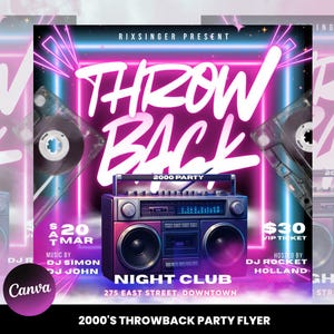 Puede incluir: Un folleto vibrante para una fiesta de los 2000. El diseño presenta una radio retro, cintas de cassette y las palabras "THROW BACK" en letras grandes y en negrita. El folleto incluye detalles del evento como la fecha, la hora y el lugar.