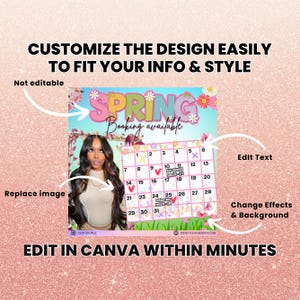 Puede incluir: Una plantilla de calendario personalizable con un tema primaveral. La plantilla presenta una cuadr&iacute;cula de calendario con fechas, un dise&ntilde;o floral y el texto "SPRING Booking available". La plantilla se puede editar en Canva.