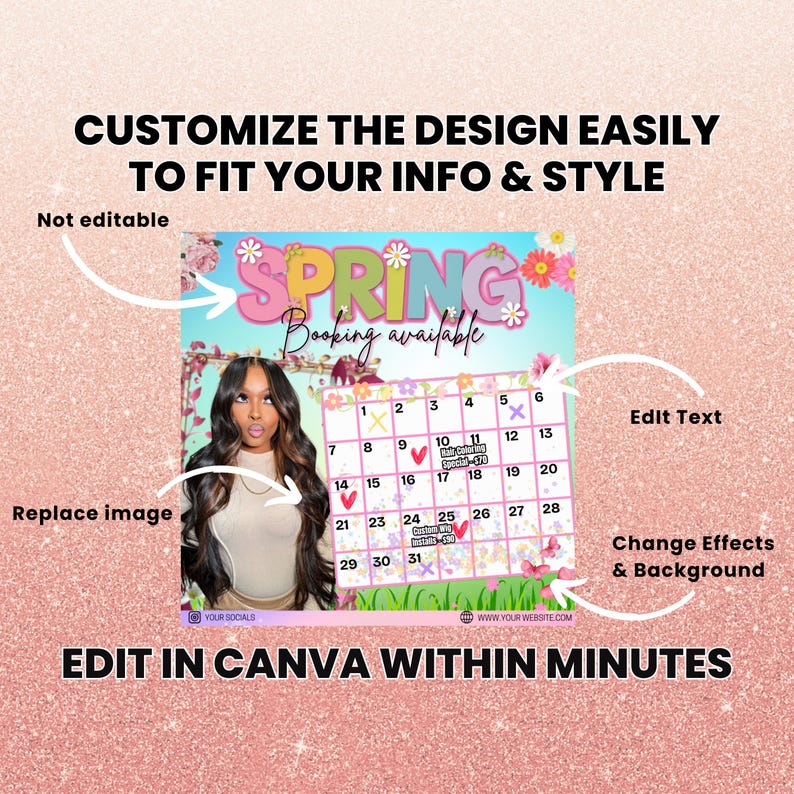 Puede incluir: Una plantilla de calendario personalizable con un tema primaveral. La plantilla presenta una cuadr&iacute;cula de calendario con fechas, un dise&ntilde;o floral y el texto "SPRING Booking available". La plantilla se puede editar en Canva.