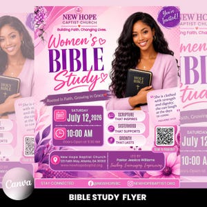 May include: A flyer for a Women's Bible Study, featuring a woman holding a Bible. The flyer is predominantly purple and pink, with the text "Women's Bible Study" and event details for July 12, 2026, at 10:00 AM.