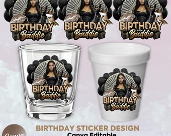 Black And Gold Birthday Sticker, Styrofoam Cup Sticker, Shot Glass, All Zodiac Signs, T-Shirt Design, Canva Template, Instant Download