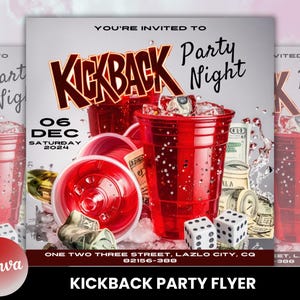 May include: A flyer for a party called "Kickback Night" on December 6th, 2024. The flyer features red plastic cups, money, and dice. The text "YOU'RE INVITED TO" is at the top of the flyer. The flyer also includes the address "ONE TWO THREE STREET, LAZLO CITY, CQ 82156-388".