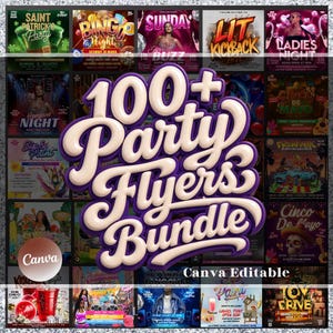 Puede incluir: Una colección digital de más de 100 plantillas de folletos para fiestas con una gran superposición de texto central en estilo 3D blanco y morado que dice 100+ Party Flyers Bundle. El fondo muestra una cuadrícula de varios carteles.