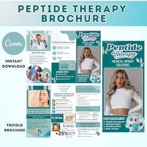 May include: A trifold brochure for Peptide Therapy, featuring a teal and white color scheme. The brochure highlights weight loss solutions, benefits, and consultation information. Includes the text "Instant Download" and "Trifold Brochure".