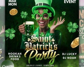 May include: A Saint Patrick's Day party flyer with a green background and a woman wearing a green hat and glasses holding a glass of beer. The flyer says "Saint Patrick's Party" and includes the date, time, and location of the event.