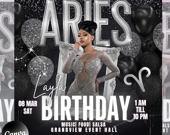 Volantino di compleanno Ariete, modelli di volantini di compleanno, volantini per feste di compleanno per bambine, volantini per celebrazioni, invito per volantini di eventi di compleanno in nero e argento