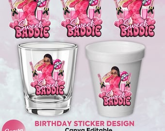 Pink Birthday Sticker, Styrofoam Cup Sticker, Shot Glass, All Zodiac Signs, T-Shirt Design, Canva Template, Instant Download