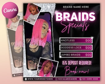 Braids Special Flyer, DIY Hair Salon Flyer, Hairstylist Appointments Available Book Now Flyer, Beauty Social Media Editable Canva Template