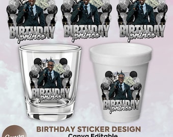 Black And Silver Birthday Sticker, Styrofoam Cup Sticker, Shot Glass, All Zodiac Signs, T-Shirt Design, Canva Template, Instant Download