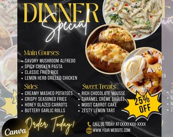 Dinner Sale Flyer, Sunday deal Special Flyer Restaurant Food menu business flyer, Editable Flyer Canva Template, Dinner special Flyer