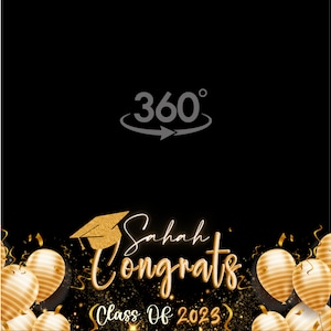 May include: A black background with a gold graduation cap and the words "Sahah Congrats Class of 2023". There are gold balloons and confetti on the bottom of the image.