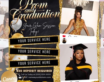 Prom and Graduation Booking Flyer | Hair, Nails, Lashes, Makeup | Special Deals for Prom & Grad | Book Now for Your Perfect Look