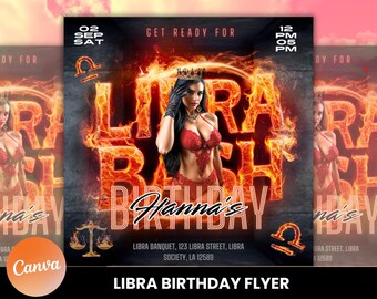 Flyer de aniversário de Libra editável, modelo de aniversário, aniversariante, flyer de aniversário rosa, temporada de Libra, flyer de festa, flyer de celebração