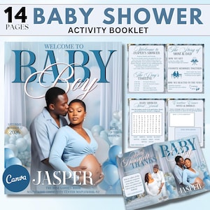 May include: A 14-page baby shower activity booklet featuring a blue and white theme. The cover displays a pregnant person and a partner with the text Welcome to Baby Boy Jasper. Includes pages for a timeline, word search, and notes.