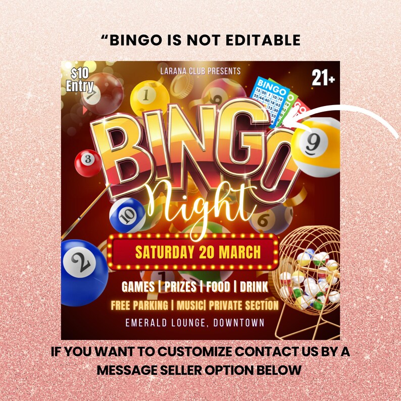 May include: A red and gold poster with the text "Bingo Night" in large, bold letters. The poster also includes the text "Saturday 20 March" and "Games | Prizes | Food | Drink".