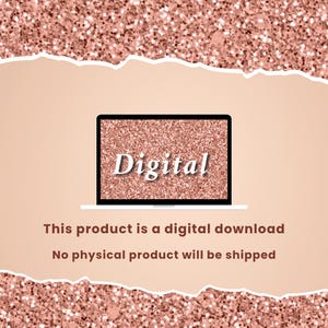 Puede incluir: Anuncio de producto de descarga digital en la pantalla de un port&aacute;til. La pantalla muestra la palabra "Digital" en blanco sobre un fondo rosa dorado brillante. El texto de abajo indica que es una descarga digital y que no se enviar&aacute; ning&uacute;n producto f&iacute;sico.