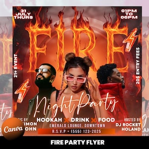 May include: A promotional flyer for a "Night Party" event, featuring the word "FIRE" in fiery orange letters. The flyer includes images of three people, event details, and the text "HOOKAH DRINK FOOD".