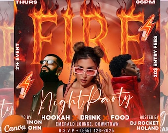 Fire Party Flyer Template | Urban Hip Hop Event | Club & Lounge Night | Editable Canva Design | DIY Hot Party Flyer