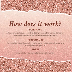 May include: A rose gold glitter background with the text "How does it work?" and instructions on how to use a Canva template. The steps are: Purchase, Personalize, and Share.