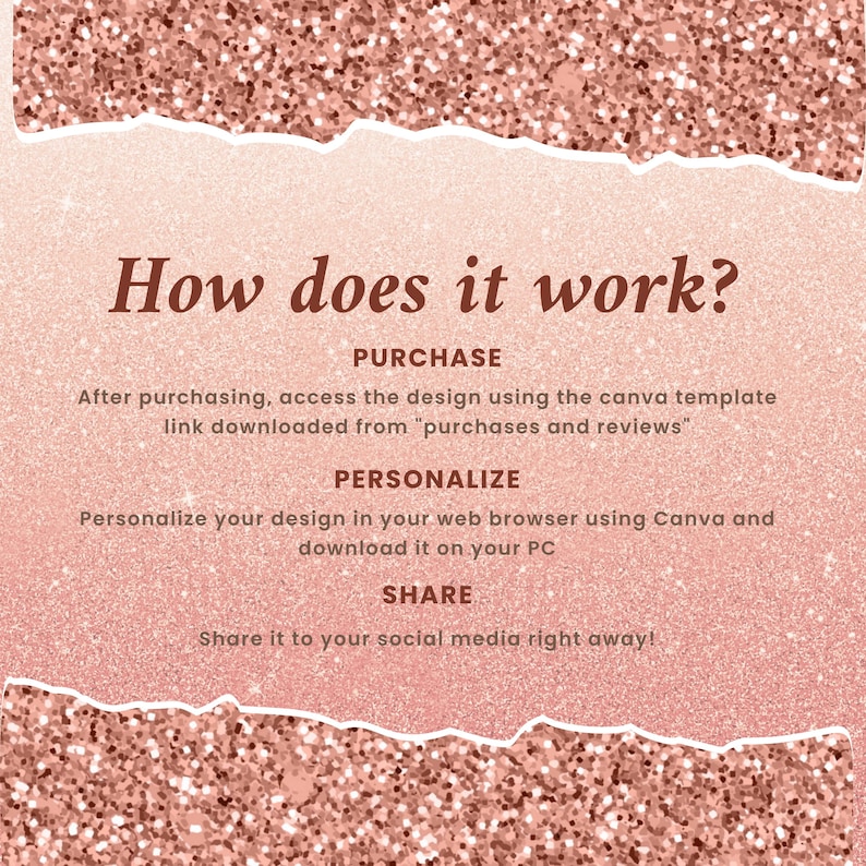 May include: A rose gold glitter background with the text "How does it work?" and instructions on how to use a Canva template. The steps are: Purchase, Personalize, and Share.