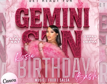 Volante de cumpleaños de Géminis, invitación de cumpleaños de Géminis, evento de cumpleaños, plantilla de volante para fiesta, volante de invitación de cumpleaños editable, descarga instantánea