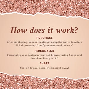 Puede incluir: Una gu&iacute;a de dise&ntilde;o digital con un fondo de purpurina oro rosa y un efecto de papel rasgado. El texto dice "&iquest;C&oacute;mo funciona?" seguido de instrucciones sobre la compra, personalizaci&oacute;n y compartici&oacute;n del dise&ntilde;o.