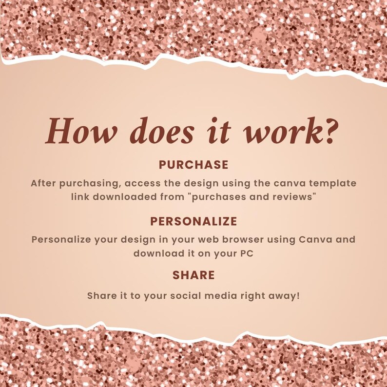 Puede incluir: Una gu&iacute;a de dise&ntilde;o digital con un fondo de purpurina oro rosa y un efecto de papel rasgado. El texto dice "&iquest;C&oacute;mo funciona?" seguido de instrucciones sobre la compra, personalizaci&oacute;n y compartici&oacute;n del dise&ntilde;o.