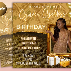 Birthday Flyer, Birthday Girl, Birthday Template, DIY Golden Goddess Bday Social Media Instagram Invitation. Hair Lash Nails  Canva Flyer